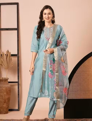 LOFTYFASHION Embroidered Kurta, Palazzo & Dupatta Set