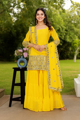 KAVATHIYA Solid Kurta, Sharara & Dupatta Set