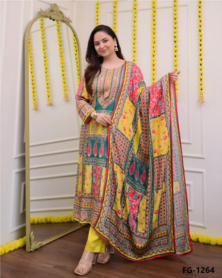 Krishna Apparels Floral Print, Embroidered, Self Design, Chevron/Zig Zag Kurta, Trouser/Pant & Dupatta Set