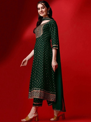 QUEENSFAB Embroidered Anarkali Kurta, Bottom & Dupatta Set