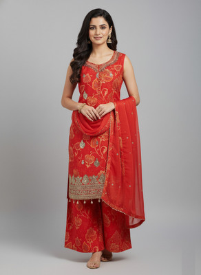 Rijak Creations Embellished Kurta, Palazzo & Dupatta Set