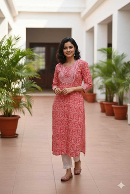 Arishafabric Women Floral Print, Embroidered A-line Kurta(Red)
