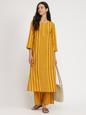 Pink Fort Striped Kurta, Palazzo & Dupatta Set