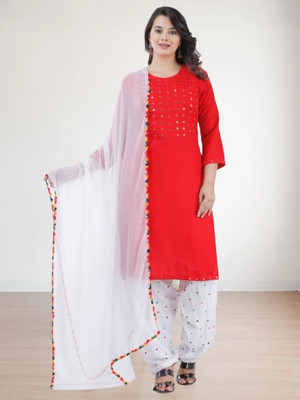 KRAFTTALESINDIA Embroidered, Embellished, Solid Kurta, Patiala & Dupatta Set