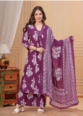 Octwin Floral Print Kurta, Palazzo & Dupatta Set