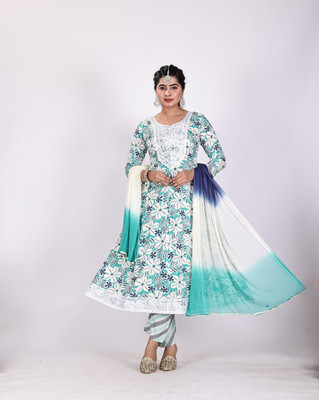 ROSHNI Floral Print Anarkali Kurta, Bottom & Dupatta Set
