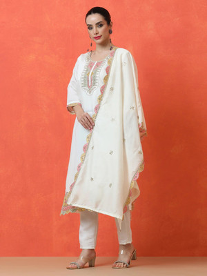 PRISTINO Embroidered Kurta, Trouser/Pant & Dupatta Set