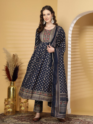 AAYUFAB Embroidered Anarkali Kurta, Bottom & Dupatta Set