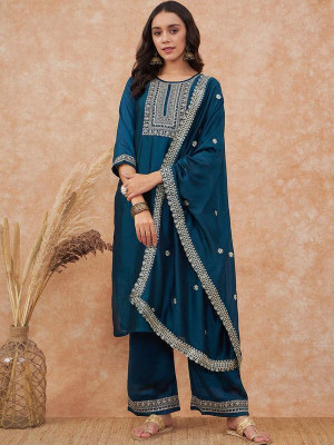 Nautiful Embroidered Kurta, Palazzo & Dupatta Set