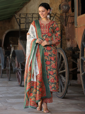 Rain & Rainbow Floral Print Kurta, Trouser/Pant & Dupatta Set