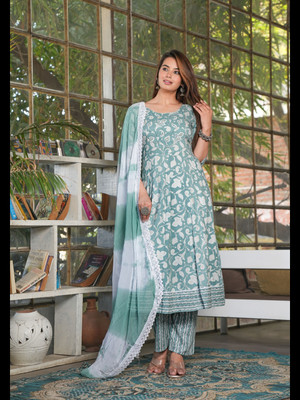 SINGNI Floral Print Anarkali Kurta, Bottom & Dupatta Set