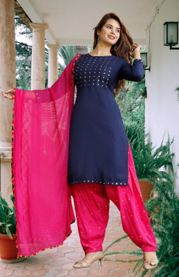 KRAFTTALESINDIA Embroidered, Embellished, Solid Kurta, Patiala & Dupatta Set