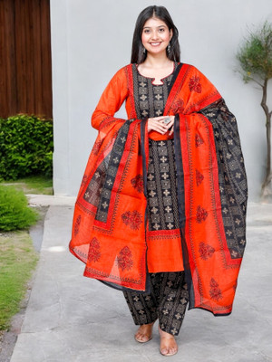 Jevi Prints Striped, Printed Kurta, Patiala & Dupatta Set