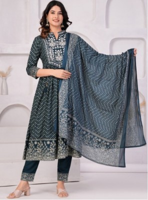 HOUSE OF COMMON Geometric Print Anarkali Kurta, Bottom & Dupatta Set