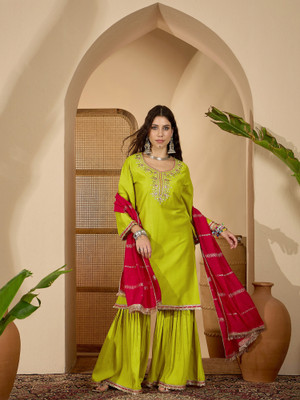 Sangria Embroidered Kurta, Sharara & Dupatta Set