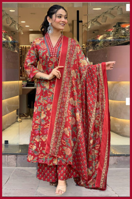 BIBHATSU Floral Print Anarkali Kurta, Bottom & Dupatta Set
