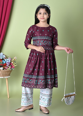 SAANVIKA TEXTILE Girls Festive & Party Kurta and Pyjama Set(Purple Pack of 1)