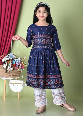 SAANVIKA TEXTILE Girls Festive & Party Kurta and Pyjama Set(Blue Pack of 1)