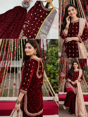 TRANDTIDE Embroidered Kurta, Sharara & Dupatta Set