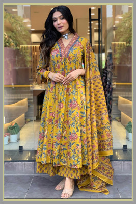 BIBHATSU Floral Print Anarkali Kurta, Bottom & Dupatta Set