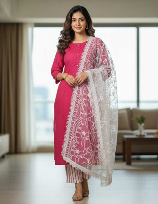 JB Vibe Collection Solid, Striped Kurta, Trouser/Pant & Dupatta Set