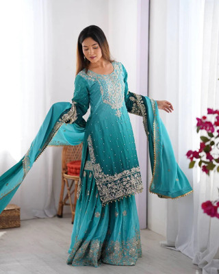 Sundarfashion Embroidered, Embellished Kurta, Sharara & Dupatta Set