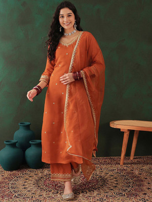 Sangria Embroidered Kurta, Palazzo & Dupatta Set