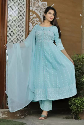 Trendjio Printed, Embroidered Anarkali Kurta, Bottom & Dupatta Set