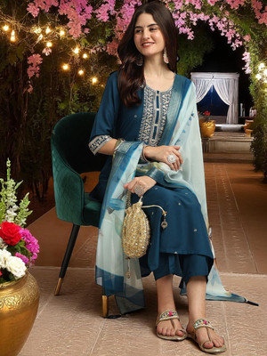 ORRIYA Embroidered Kurta, Trouser/Pant & Dupatta Set