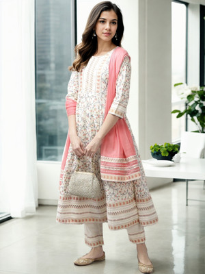 Styllow Floral Print Anarkali Kurta, Bottom & Dupatta Set