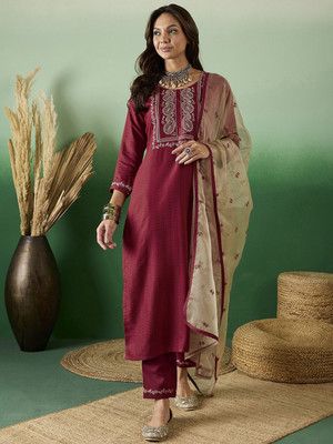 Sangria Embroidered Kurta, Trouser/Pant & Dupatta Set