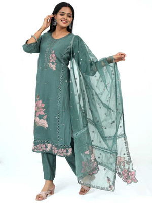 AGNIRA Embroidered Kurta, Palazzo & Dupatta Set