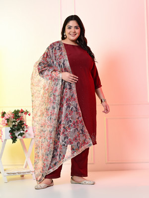 PrettyPlus by Desinoor.com Solid, Printed Kurta, Trouser/Pant & Dupatta Set
