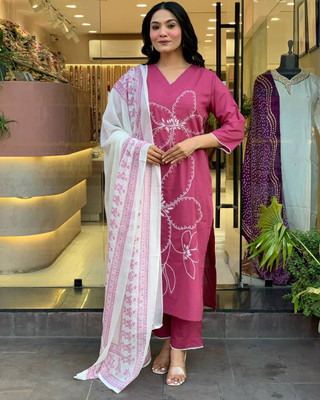 Tasrika Embellished, Floral Print Kurta, Churidar & Dupatta Set