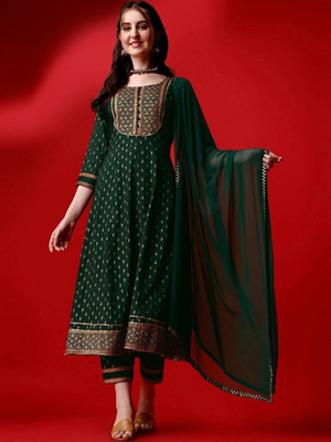 QUEENSFAB Embroidered Anarkali Kurta, Bottom & Dupatta Set