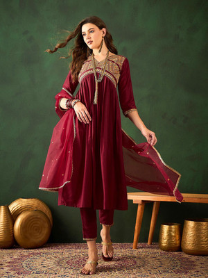 Sangria Embroidered Anarkali Kurta, Bottom & Dupatta Set