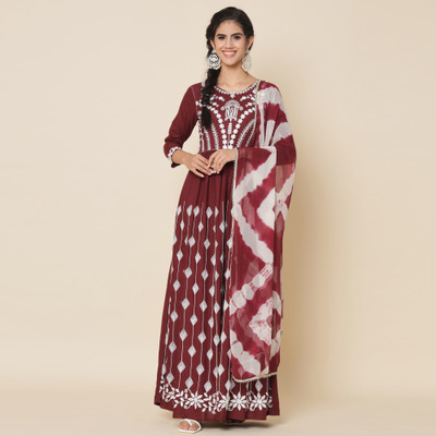 MEERANSHI LIVING Embroidered Anarkali Kurta, Bottom & Dupatta Set