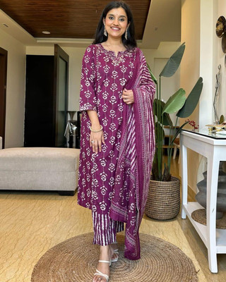 Vashu Ventures Floral Print Anarkali Kurta, Bottom & Dupatta Set