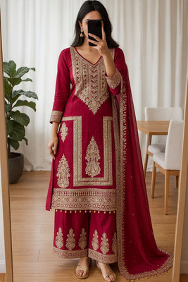 DP Fashion Embroidered Kurta, Palazzo & Dupatta Set