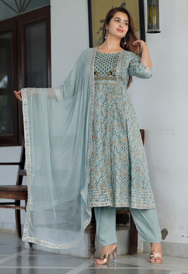 Art Avenue Floral Print, Embroidered Anarkali Kurta, Bottom & Dupatta Set