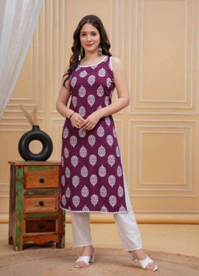 GAMLAFASHION Women Printed Straight Kurta(Purple)