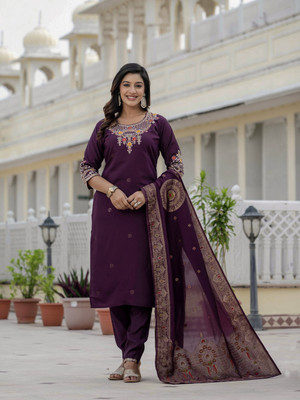 PeachPetals Embroidered, Solid Kurta, Salwar & Dupatta Set