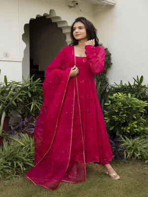 PPThreads Floral Print Anarkali Kurta, Bottom & Dupatta Set