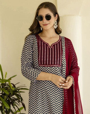 Tasrika Printed, Embellished Kurta, Salwar & Dupatta Set