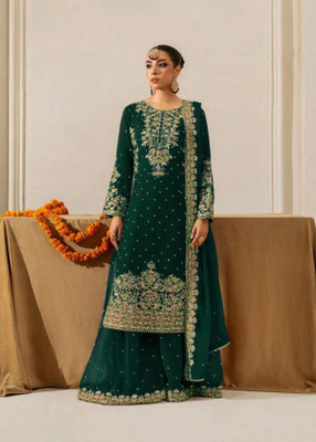 Tasrika Embroidered, Embellished Kurta, Palazzo & Dupatta Set