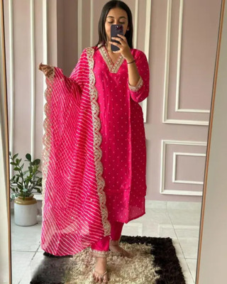 BOUGHT FIRST Embroidered Anarkali Kurta, Bottom & Dupatta Set