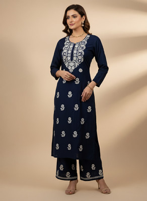 Feezy Fashions Embroidered Kurta, Palazzo & Dupatta Set