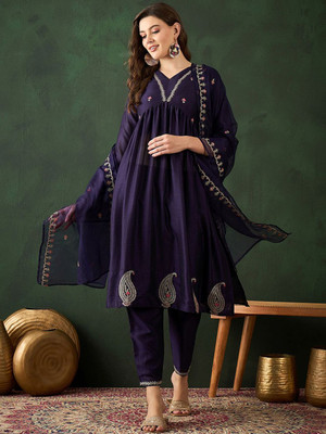 Sangria Solid Anarkali Kurta, Bottom & Dupatta Set