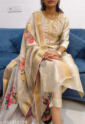 HOUSE OF COMMON Embroidered Anarkali Kurta, Bottom & Dupatta Set