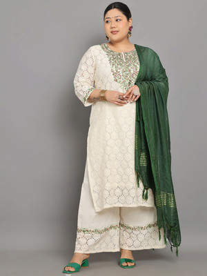 Curves by tulsattva Embellished Kurta, Palazzo & Dupatta Set